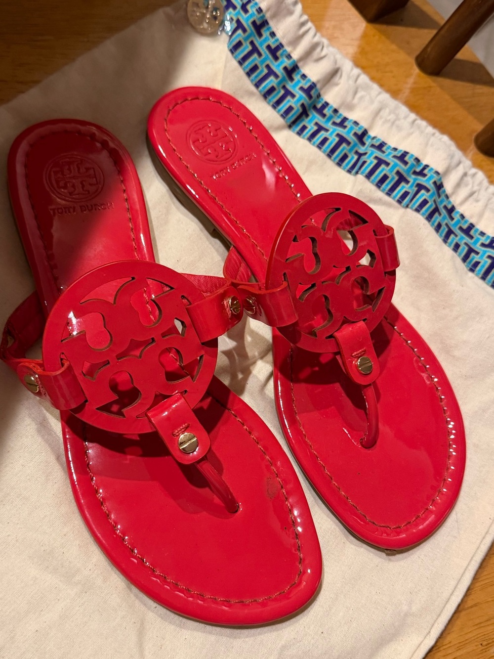 Tory Burch Pink-Red Miller Logo Thong Sandals